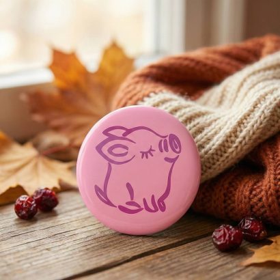 Дерев’яна кругла рожева дитяча брошка свинка розпис