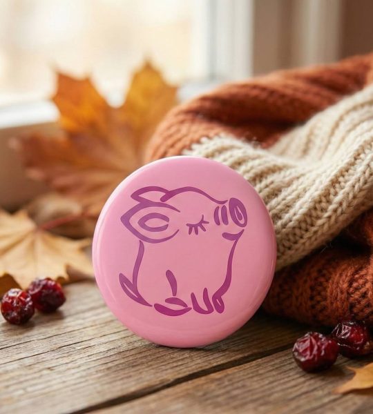 Дерев’яна кругла рожева дитяча брошка свинка розпис